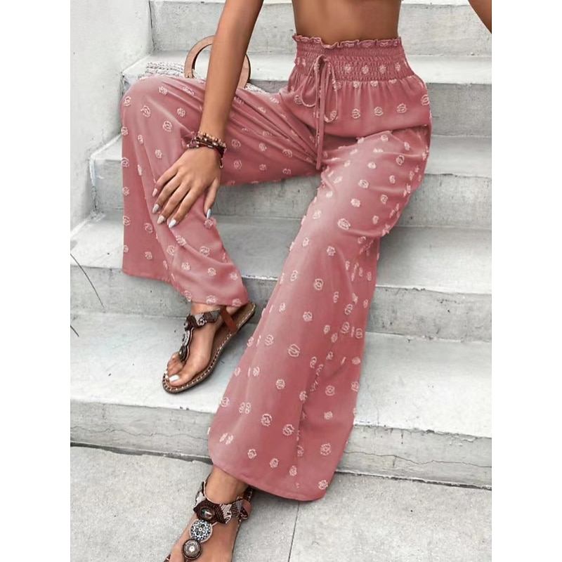 Women's Wide Leg Chinos Fashion Streetwear Full Length High Waist Plain Elastic Waistband Jacquard Comfy Soft Comfortable Micro-elastic Outdoor Street Pink Green Khaki Summer Spring Regular Fit