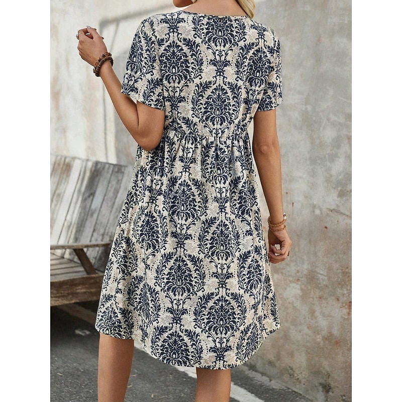 Women's Mini Dress Petite Dress Casual Dress Boho Chic Dresses T Shirt Dress Tee Dress Boho Dress Bohemia Vintage Casual Vacation Daily Loose Fit Floral Short Sleeve V Neck Blue Green Summer Spring2