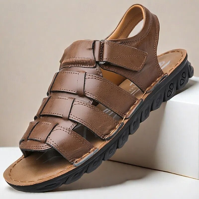 Men's Brown Faux Leather Sandals – Adjustable Straps, Breathable Design, Casual Outdoor Footwear for Summer Activities
