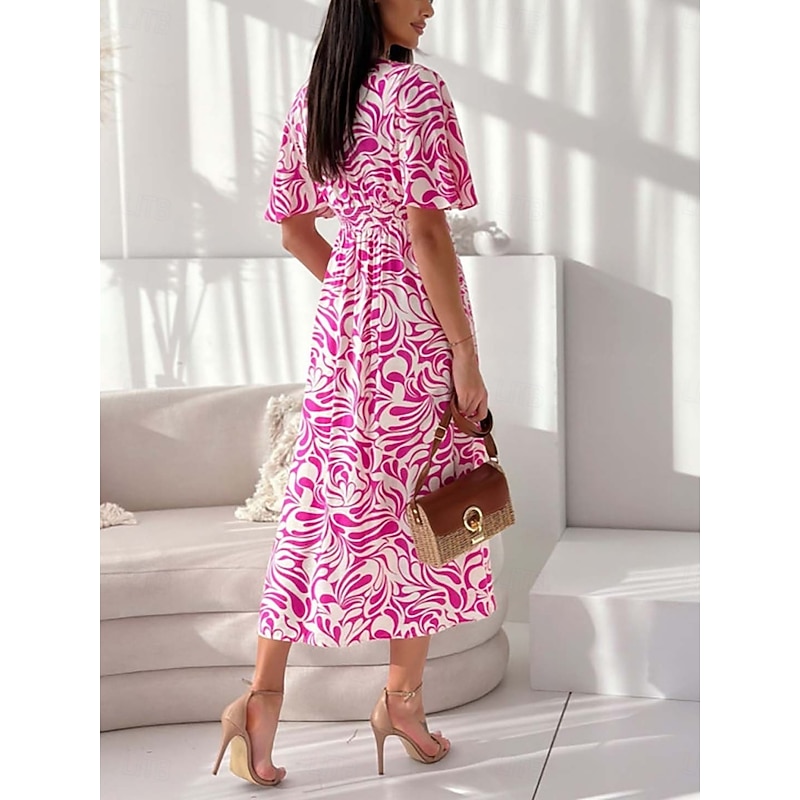 Women's Midi Dress Casual Dress Swing Dress A Line Dress Stylish Casual Vacation Daily Regular Fit Floral Short Sleeve V Neck White Red Summer2