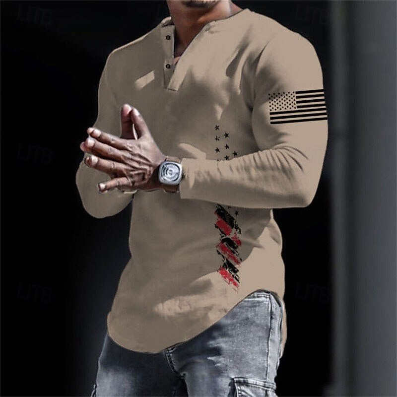 Men's Graphic USA National Flag Henley Shirt Long Sleeve 3D Print Fashion Daily Casual Casual Holiday Going out Spring &  Fall Black White Yellow Gray Henley Henley T-Shirt3