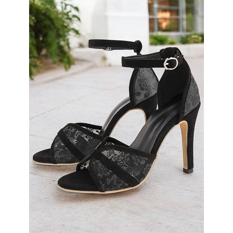 Black Lace High Heel Sandals with Ankle Straps for Women's Evening Parties,Perfect for Summer Parties and Casual Outings2