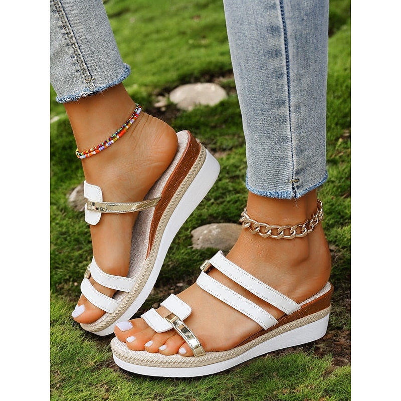 Women's White Platform Wedge Sandals with Gold Strap Accents, Casual Slip-On Style for Summer Outings and Beachwear2