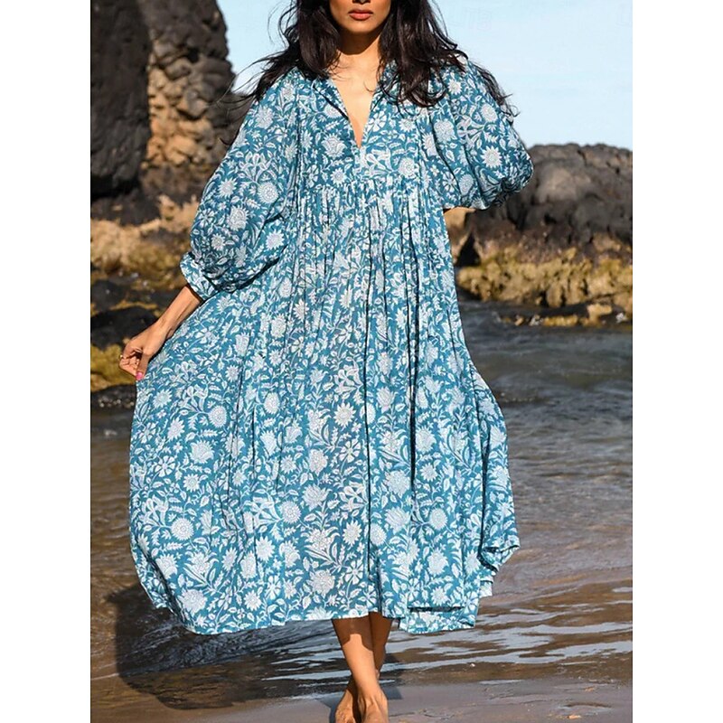 Women's Midi Dress Casual Dress Stylish Casual Vacation Daily Regular Fit Floral 3/4 Length Sleeve Crew Neck Navy Blue Blue Spring Fall3