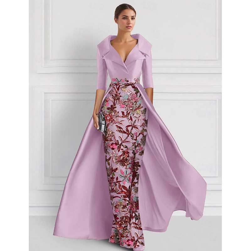 Embroidered Ball Gown A-Line Evening Gown Elegant Dress Formal Wedding Floor Length Half Sleeve Shirt Collar Satin with Slit Appliques 18