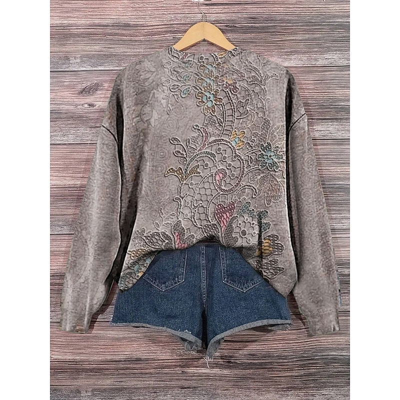 Women's Hoodies Floral Casual Long Sleeve Round Neck Regular Tops Work Dailywear Casual Print Gray Fall Winter2