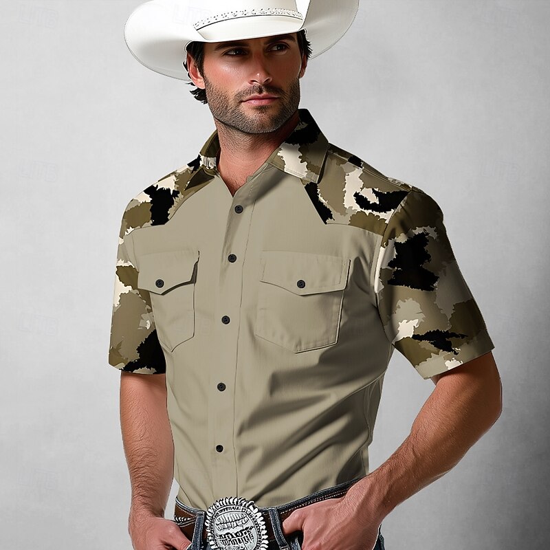 Men's Camouflage Western Shirt Button Up Shirt Cowboy Shirt Long Sleeve Western Vintage Retro Outdoor Casual Spring Fall Turndown Collared Shirts Front Two Pockets Dark Khaki Brown Khaki3