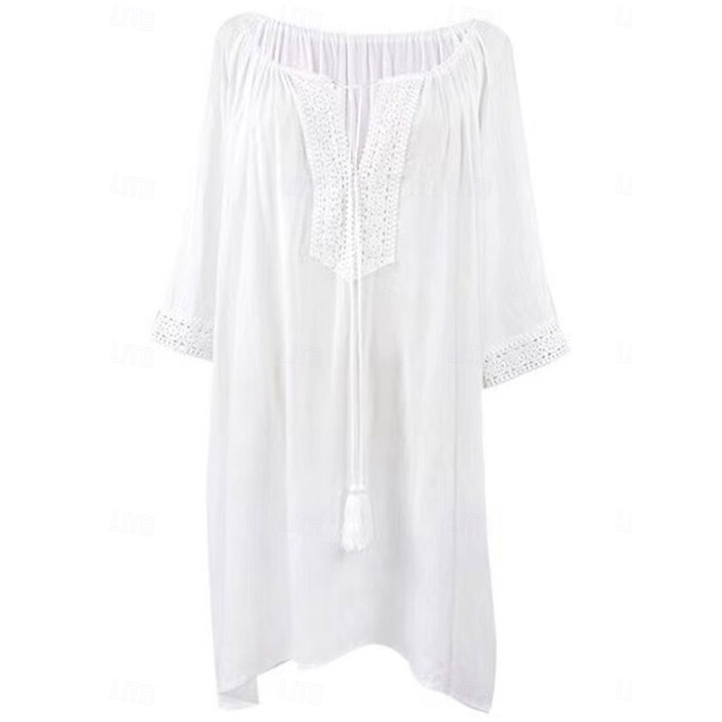 Women's Swimwear Cover Up Beach Dresses Swimsuit Tie Front Vacation Beach Wear Solid Color V Neck Long Sleeve4