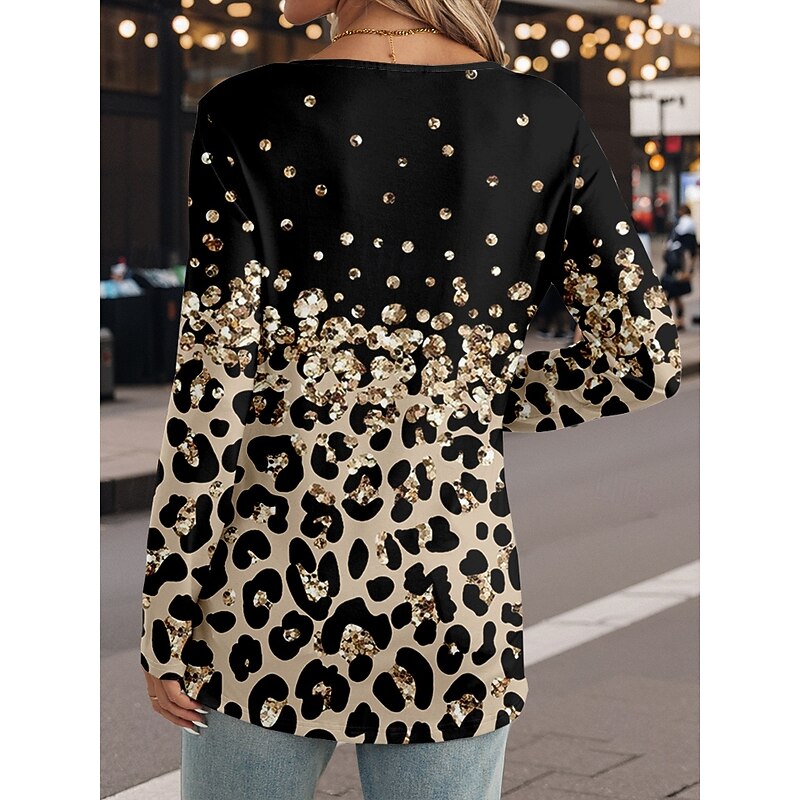Women's T Shirt Leopard Casual Long Sleeve Notched Neck Regular Tops Daily Print Gold Spring Fall2