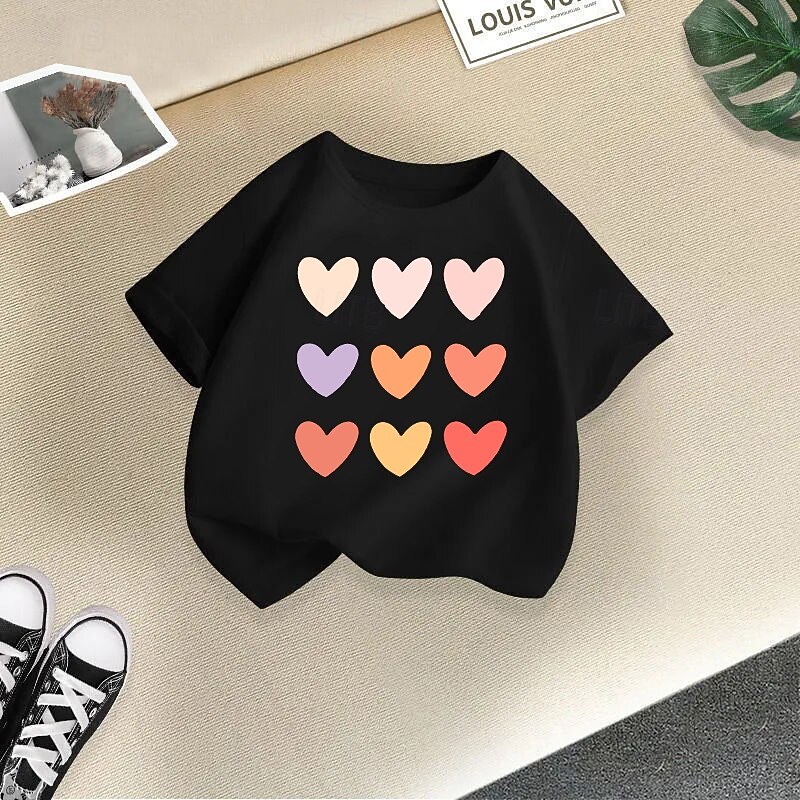 Multi Packs 3 Pairs Girls' Crew Neck Short Sleeves Black+White+Yellow T Shirt Heart Vacation Daily Wear Cotton Spring & Summer3
