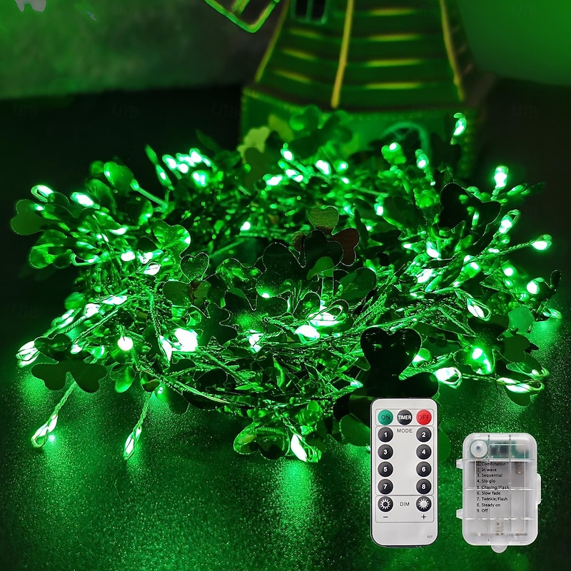 St. Patrick's Day Clover Firecracker Light String 3M 100 LEDs - AAA Battery Powered String Light with Remote 8-Function Controller for Festival Atmosphere Decorative 1pc