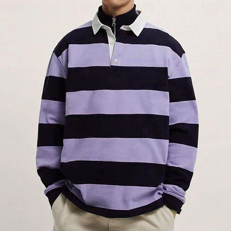 Men's Stripes Rugby Polo Long Sleeve Polo Shirts Collared Shirts Casual Outdoor Athleisure 3D Print Spring Fall Winter Pink Blue Purple3