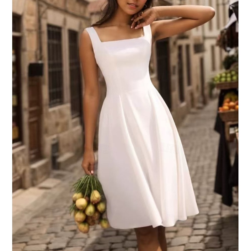 Little White Dresses Glitter & Sparkle Wedding Dresses A-Line Square Neck Sleeveless Knee Length Stretch Fabric Bridal Suits Bridal Gowns With Pleats Solid Color