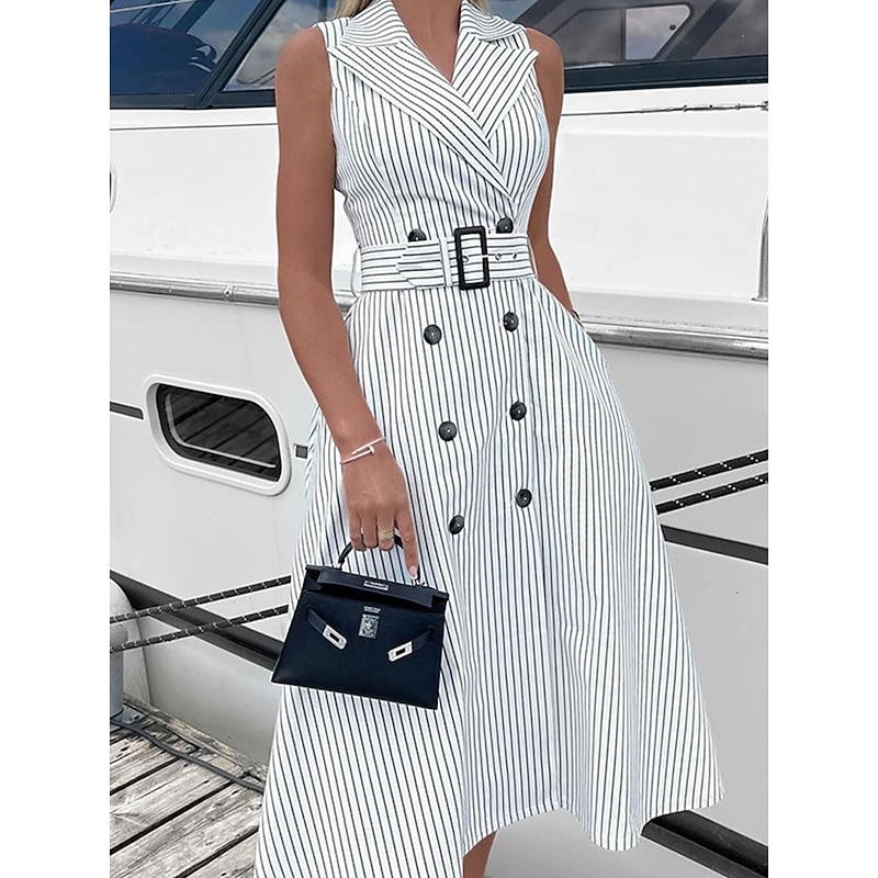 Women's Long Dress Maxi Dress Blazer Dress A Line Dress Elegant Stylish Formal Work Daily Date Regular Fit Stripe Sleeveless Shirt Collar White Summer Spring Fall2