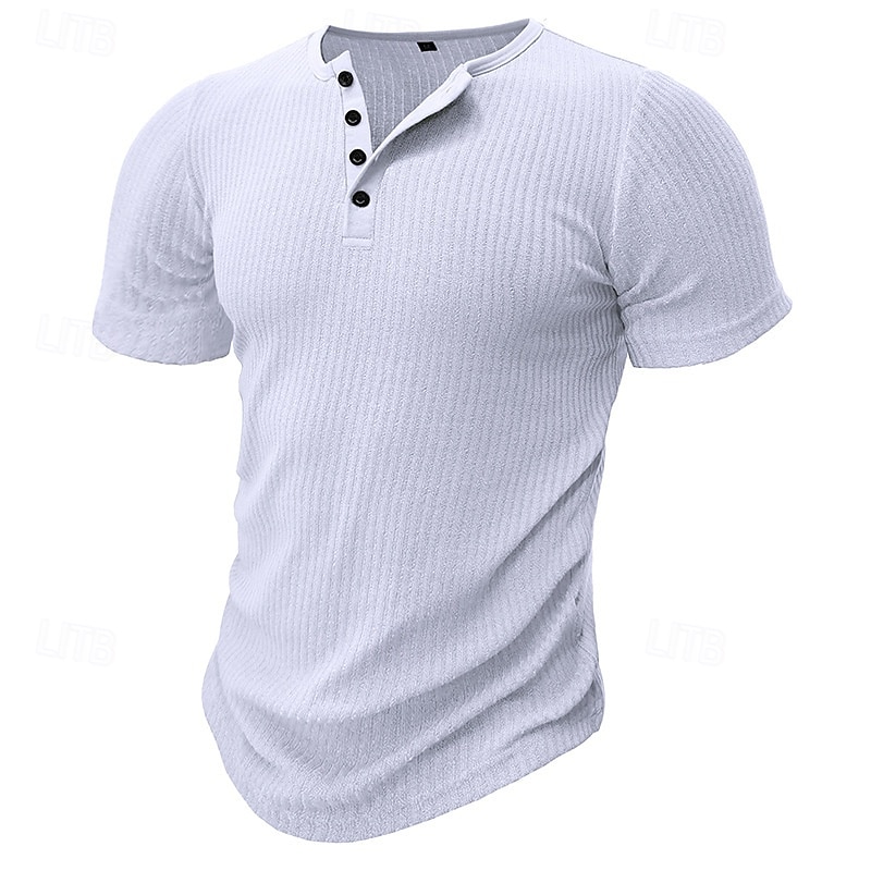 Men's Henley Shirt Muscle Shirt Ribbed Knit tee Tee Top Short Sleeves Plain Fashion Designer Basic Henley Vacation Street Going out Summer Black White Navy Blue Henley T-Shirt3