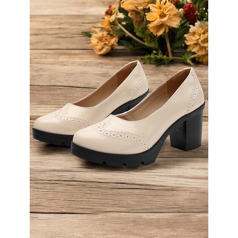 Women's Patent Leather Platform Chunky Heel Pumps with Brogue Detailing, Vintage-Style Dress Shoes for Office, Parties, and Formal Events3