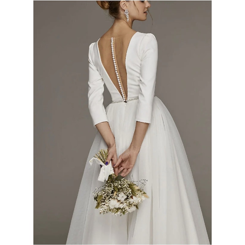 Engagement Little White Dresses Wedding Dresses A-Line V Neck 3/4 Length Sleeve Ankle Length Tulle Bridal Gowns With Pleats Crystal Brooch2