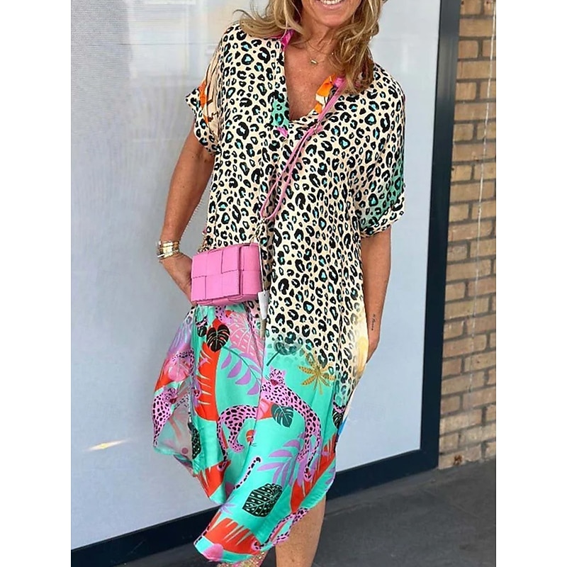 Women's Long Dress Maxi Dress Sundress Summer Dress Vintage Stylish Vacation Daily Loose Fit Graphic Leopard Short Sleeve V Neck Pink Blue Orange Brown Summer