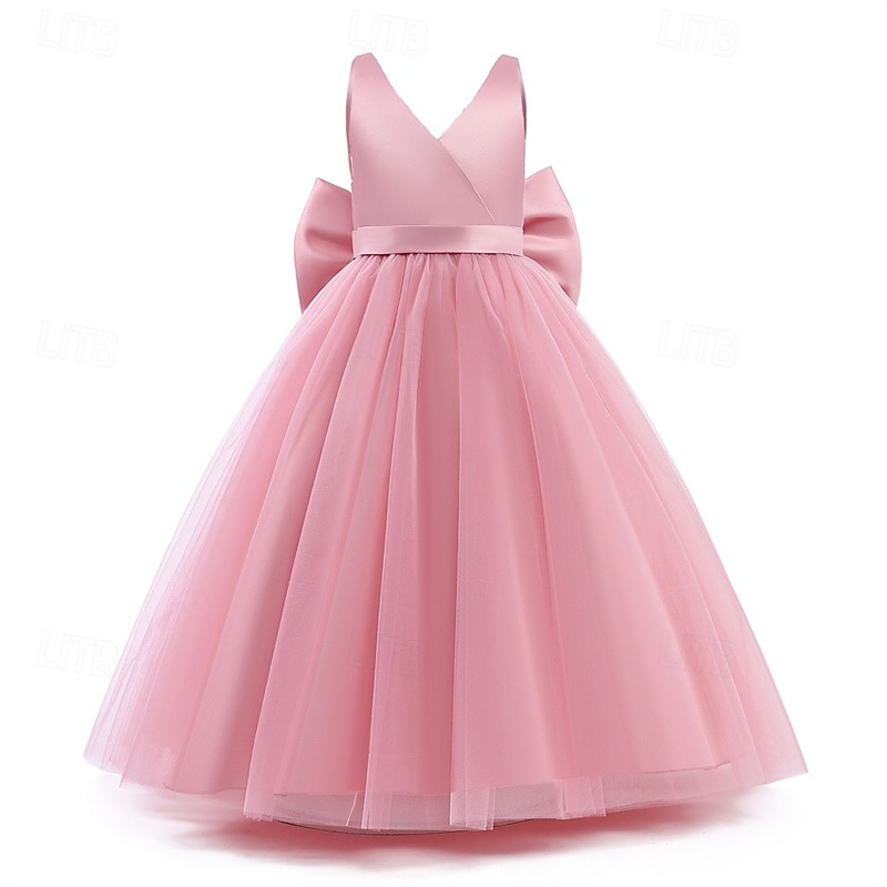 Flower Girl Dress Kid's Girls' Princess Dress Performance Wedding Party Elegant Beautiful Mesh Solid Color Sleeveless V Neck White Pink 4 years+