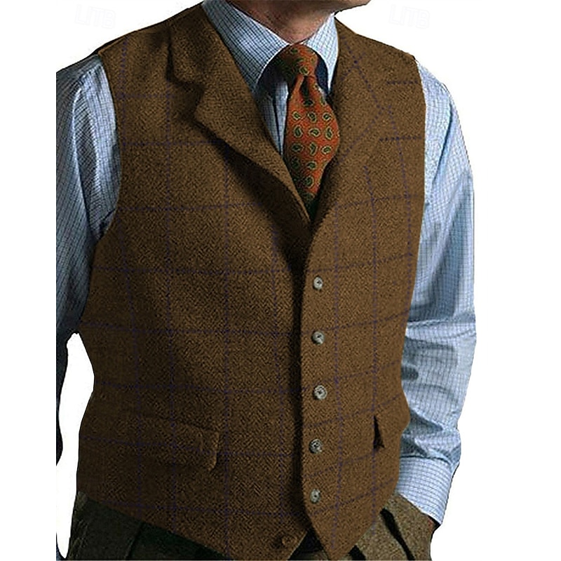 Men's Vest Gilet Suede Vest Vacation Daily Date Fashion Casual Spring &  Fall Buttons Pocket Polyester Comfortable Plaid Single Breasted One-button Lapel Regular Fit Dark Brown Black Navy Blue Green