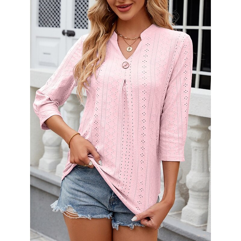 Women's Shirt Blouse Floral Stylish Casual Long Sleeve Notched Neck Regular Tops Daily Eyelet White Pink Summer Spring