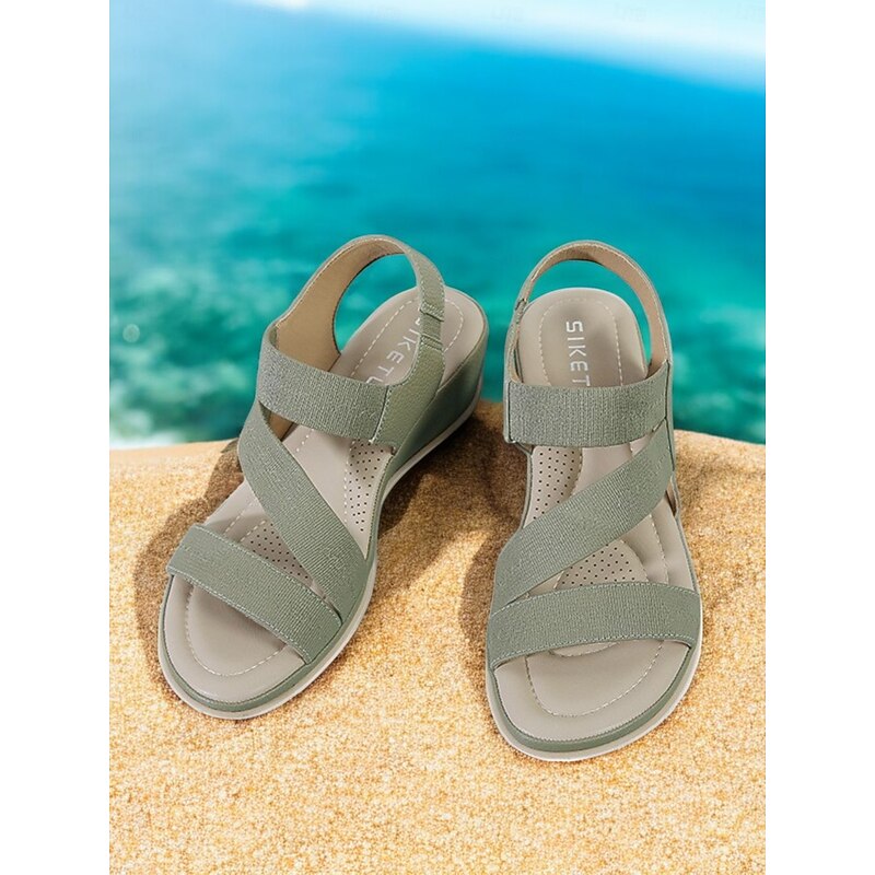 Women's Green Elastic Strap Wedge Sandals with Cushioned Sole - Comfortable Summer Shoes for Casual Wear and Travel