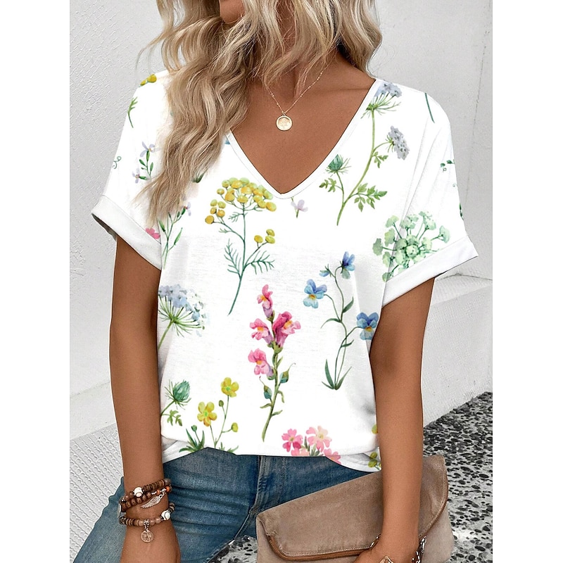 Women's T Shirt Floral Stylish Casual Short Sleeve V Neck Regular Tops Daily Print White Summer