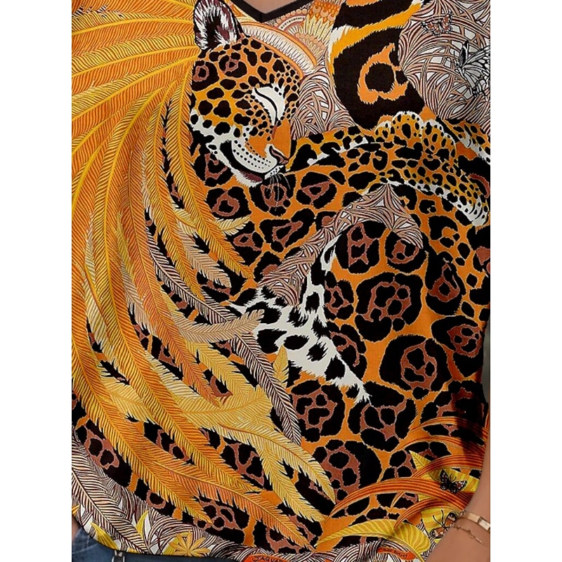 Women's T Shirt Animal Color Block Vintage Casual Short Sleeve V Neck Regular Tops Daily Print Orange Summer Spring3