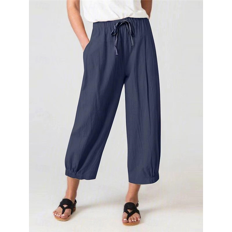 Women's Cotton Linen Pants Chinos Classic Casual Full Length High Waist Plain Pocket Elastic Waistband Comfy Soft Comfortable Micro-elastic Outdoor Street Navy-blue Light Gray Summer Spring Regular