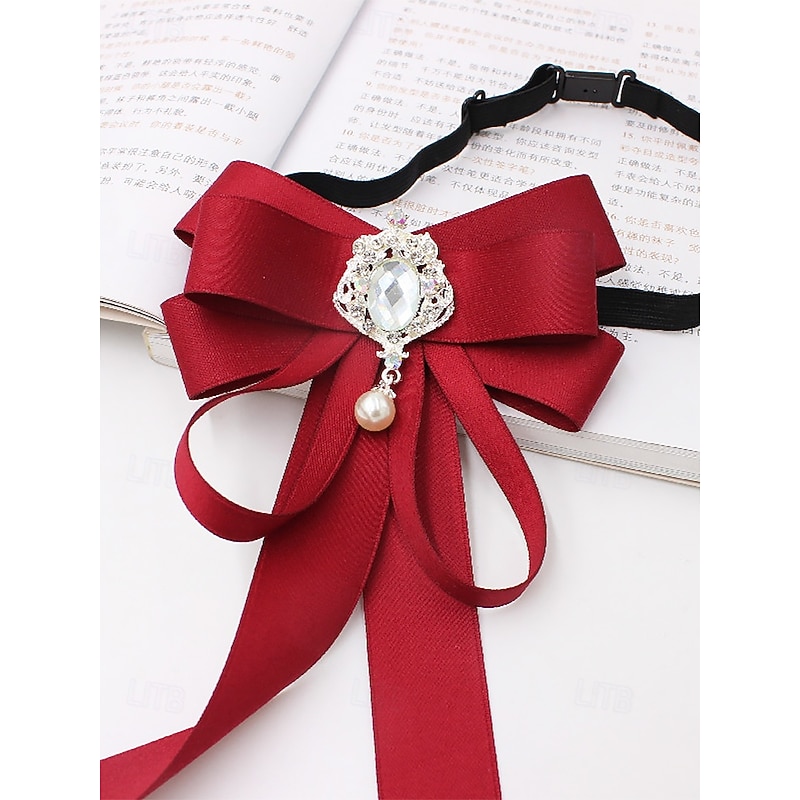 Elegant Burgundy Bow Tie with Jewel Pendant – Victorian Style Women's Accessory for Formal Events, Weddings and Cosplay2