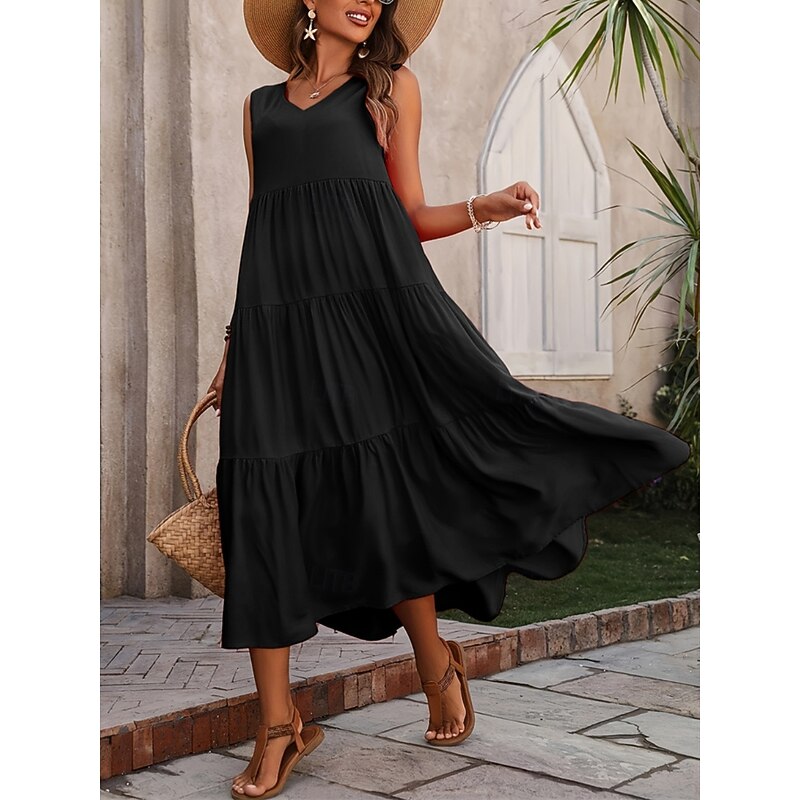 Women's Maxi Dress Casual Dress Swing Dress A Line Dress Stylish Basic Casual Vacation Daily Regular Fit Plain Sleeveless V Neck Black Yellow Red Fuchsia Summer Spring3