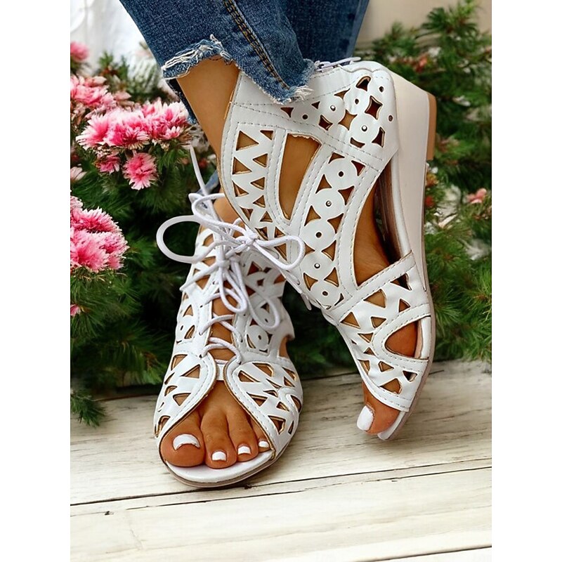 Women's Tan Cut-out Wedge Sandals with Lace-up Design – Comfortable Summer Footwear for Casual Outings4