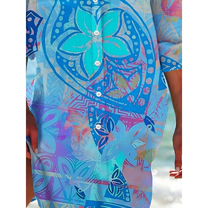 Women's Mini Dress Shirt Dress Hawaiian Shirts Flowy Graphic beach Shirt Long Print Holiday Weekend Light Blue Long Sleeve Vacation collared Shirt Summer Holiday Clothes Beach Wear3