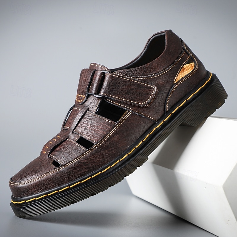 Men's Brown Faux Leather Fisherman Sandals – Breathable Closed-Toe Design with Adjustable Strap for Casual Summer Wear