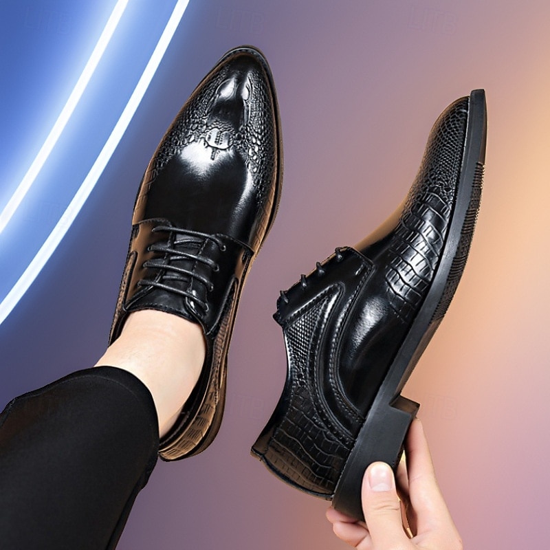 Men's Black and Brown Oxford Dress Shoes with Crocodile Texture - Formal Faux Leather Shoes for Business, Weddings and Parties4