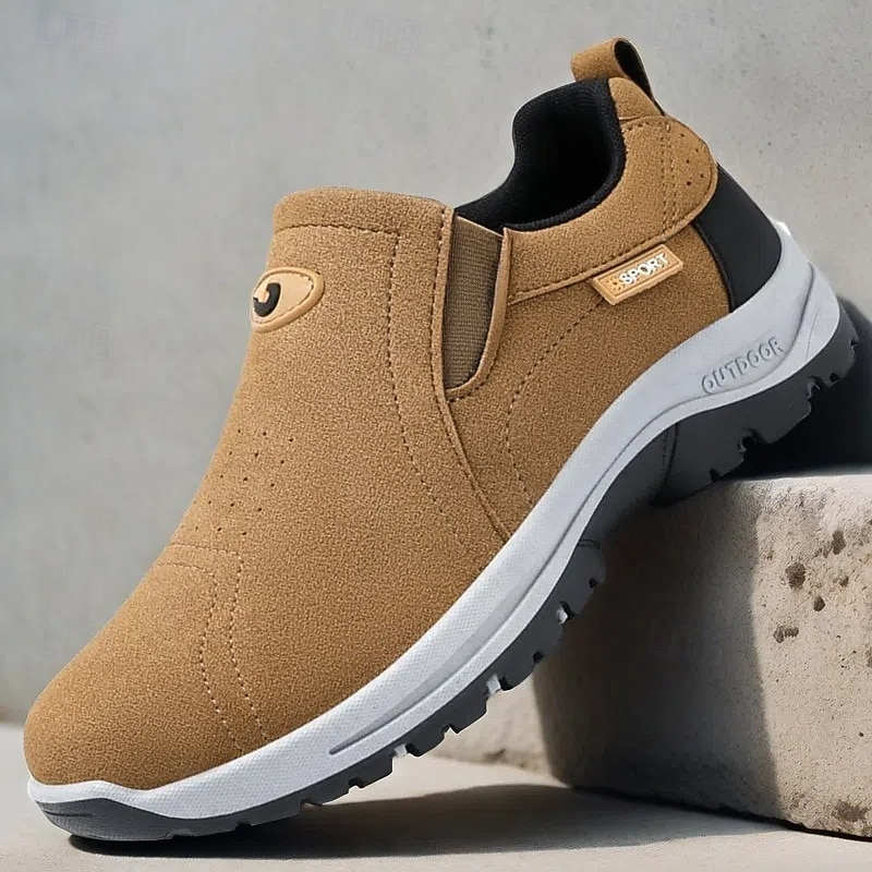 Men's Tan Slip-On Hiking Shoes - Lightweight Outdoor Walking Sneakers with Non-Slip Sole for Trekking and Daily Wear