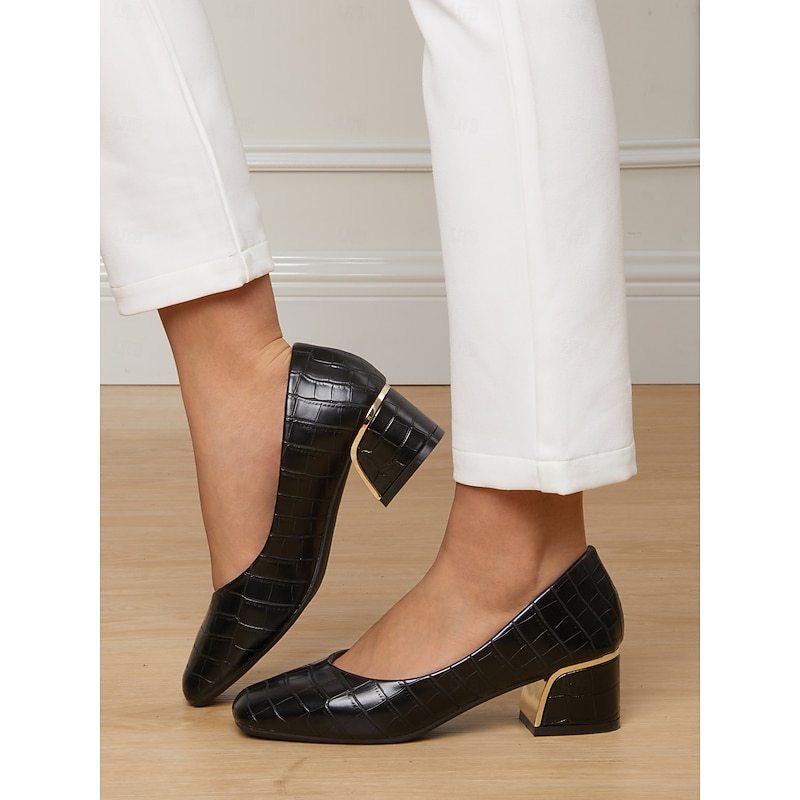 Women's Black Croc-Embossed Leather Block Heel Pumps with Metallic Accent – Elegant Office & Evening Wear Shoes2