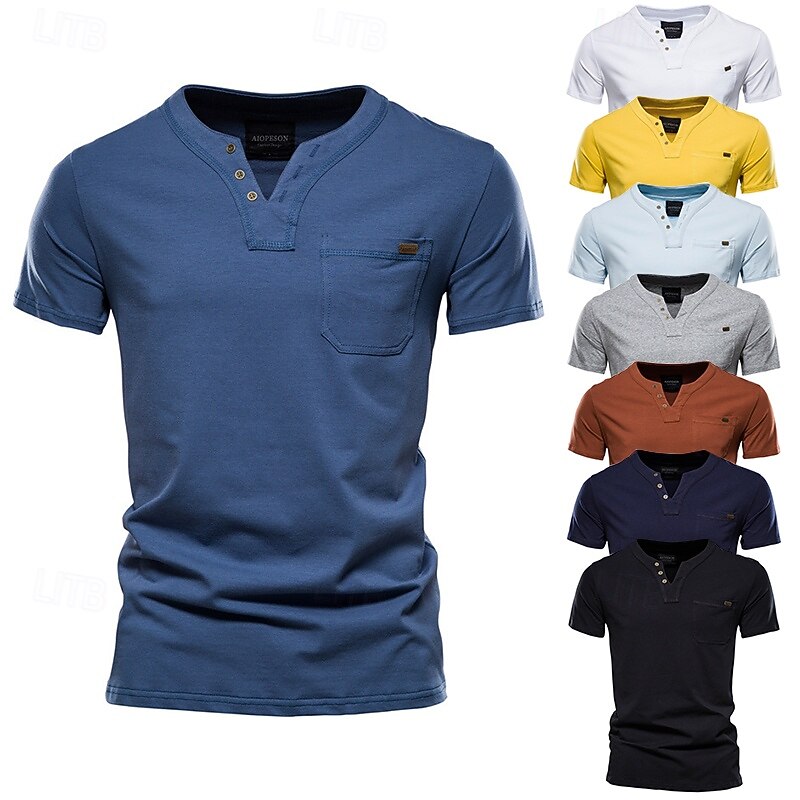 100% Cotton Men's Henley Shirt Tee Short Sleeve Solid Color Plain Pocket Henley Outdoor Casual Daily Summer Spring & Fall Black White Yellow Henley T-Shirt