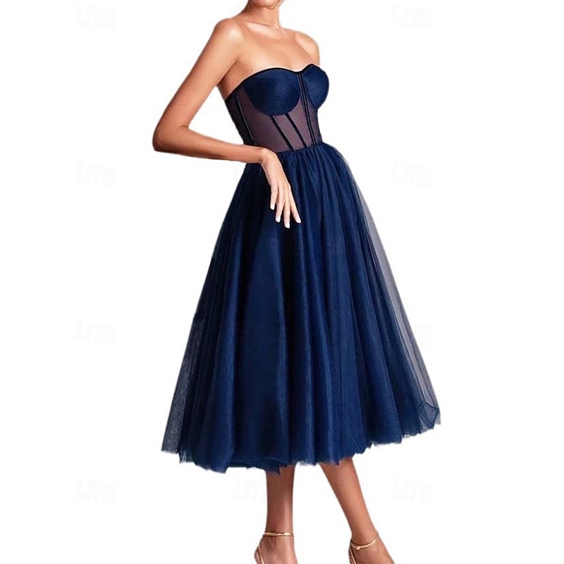 A-Line Prom Dresses Party Dress Evening Party Cocktail Party Tea Length Sleeveless Sweetheart Tulle with Ruched