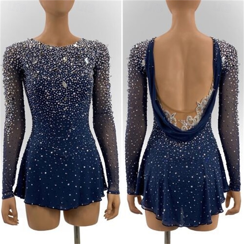 Figure Skating Dress Women's Girls' Ice Skating Dress Navy Blue Patchwork Open Back Mesh Spandex Stretchy Training Practice Professional Skating Wear Crystal / Rhinestone Long Sleeve Figure Skating3