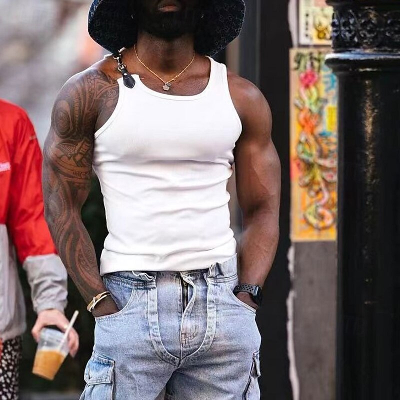 Men's Tank Top Undershirt Sleeveless Shirt Muscle Shirt Sleeveless Crew Neck Summer Color Block Pit Strip Fashion Designer Muscle Buckle Outdoor Going out Gym Black White Top Tee for Men3