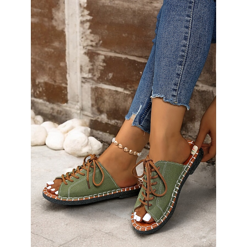 Women's Green Open-Toe Lace-Up Canvas Sandals with Hand-Stitched Sole – Casual and Comfortable for Summer, Travel and Outdoor Activities4