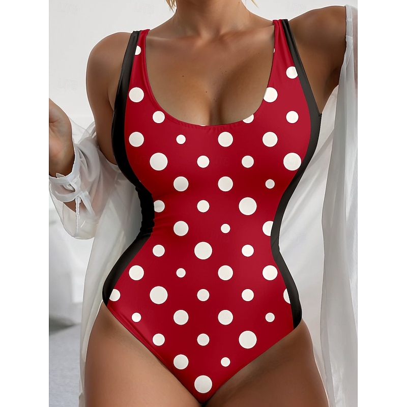 Women's Swimsuits One Piece Monokini Swimsuit Backless Tummy Control High Waist Slim Vacation Vintage Polka Dot Dot U Neck Sleeveless Bathing Suits