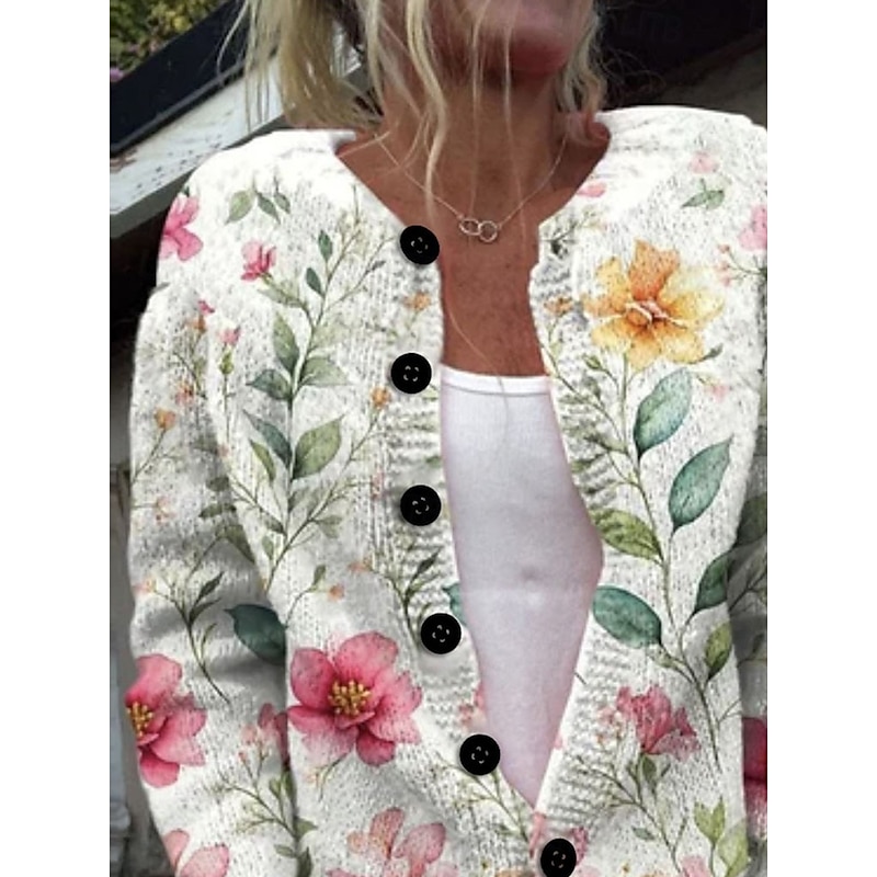 Women's Sweater Cardigan Casual Soft Floral Ribbed Crew Neck Pocket Buttons Knitted Long Sleeve Regular Tops Knit Outdoor Daily Weekend White Pink Fall Winter3