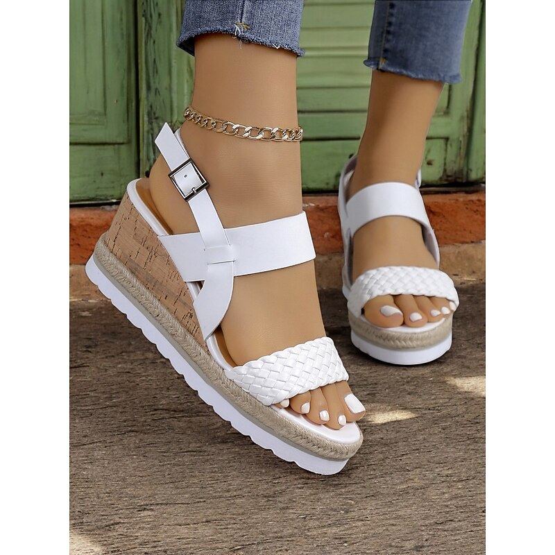 Women's Black Wedge Sandals with Cork Platform, Braided Strap and Adjustable Buckle for Casual Summer Outings