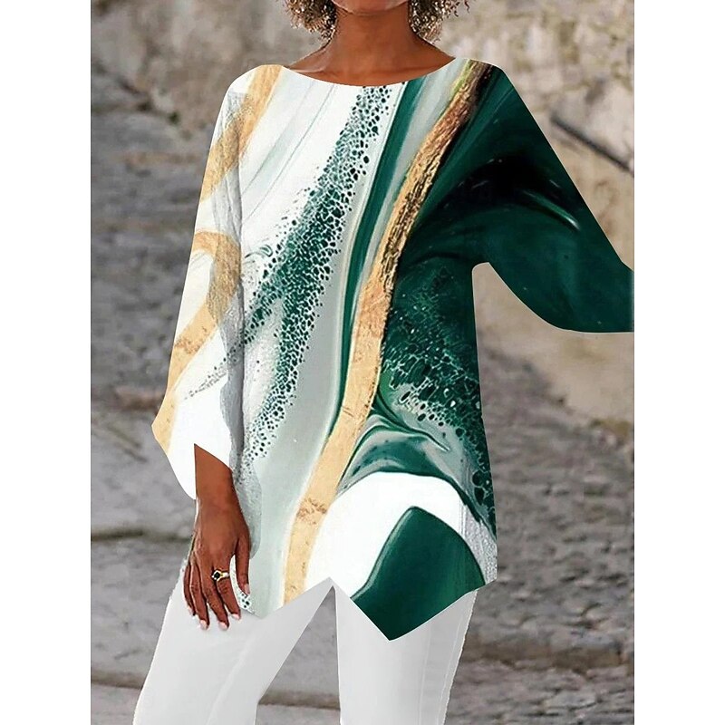 Women's Blouse Long Sleeve Asymmetrical Hem Chiffon Basic Floral Print Regular Tops Round Neck Casual Daily Green Spring Fall