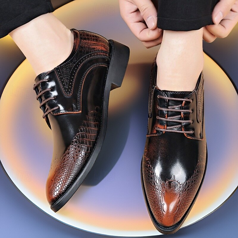 Men's Black and Brown Oxford Dress Shoes with Crocodile Texture - Formal Faux Leather Shoes for Business, Weddings and Parties3