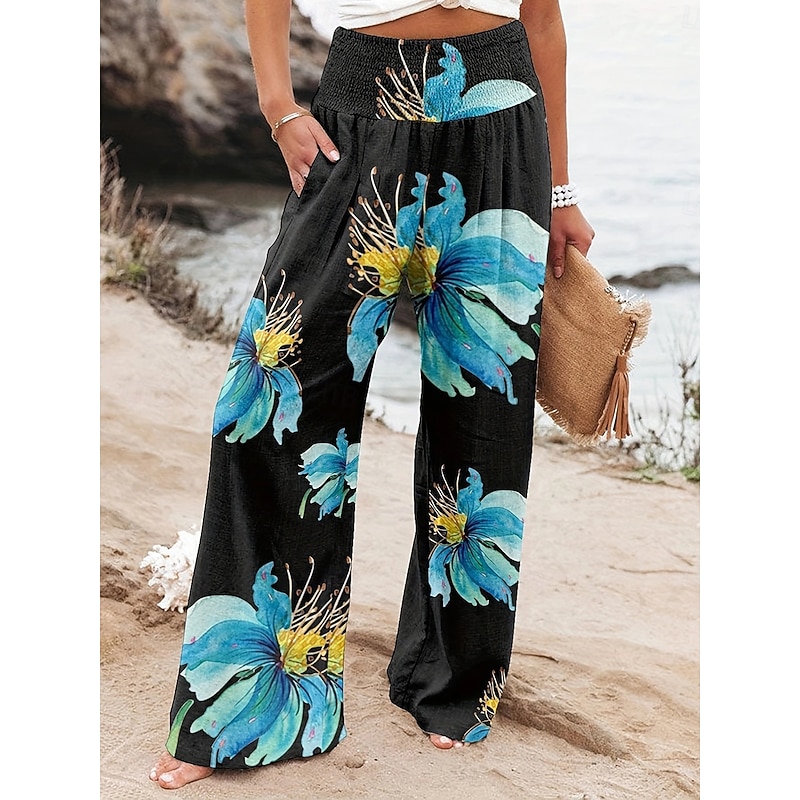 Women's Culottes Wide Leg Fashion Streetwear Full Length High Waist Floral Pocket Elastic Waistband Comfy Soft Comfortable Micro-elastic Street Going out Robin's Egg Blue Black Sage Gray Summer Spring