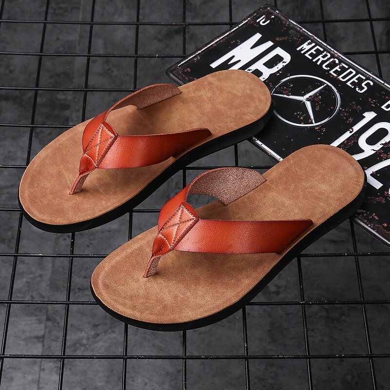 Men's Brown Faux Leather Flip Flops - Casual Open-Toe Summer Sandals with Comfortable Sole for Beach and Everyday Wear2