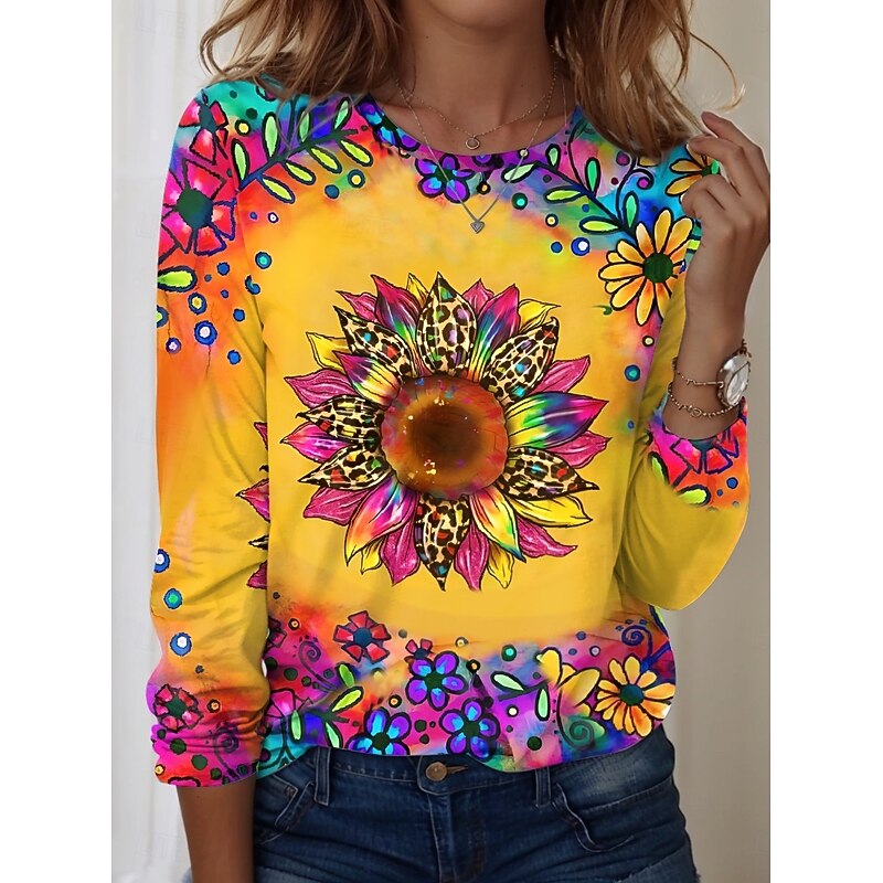 Women's T shirt Crew Neck Long Sleeve Tunic Sunflower Vintage Casual  Regular Tops Daily Print Yellow Spring Fall